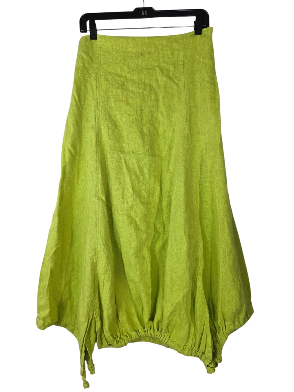 Kokomarina Linen Lagenlook Lime Green A-Line Balloon-Hem cut tied Midi Skirt